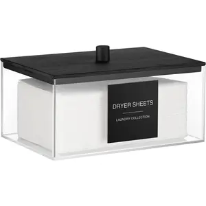 Acrylic Dryer Sheet Holder with Lid, Clear Laundry Sheets Container with 27 Labels, Laundry Pods Storage for Laundry Room Organization - Black