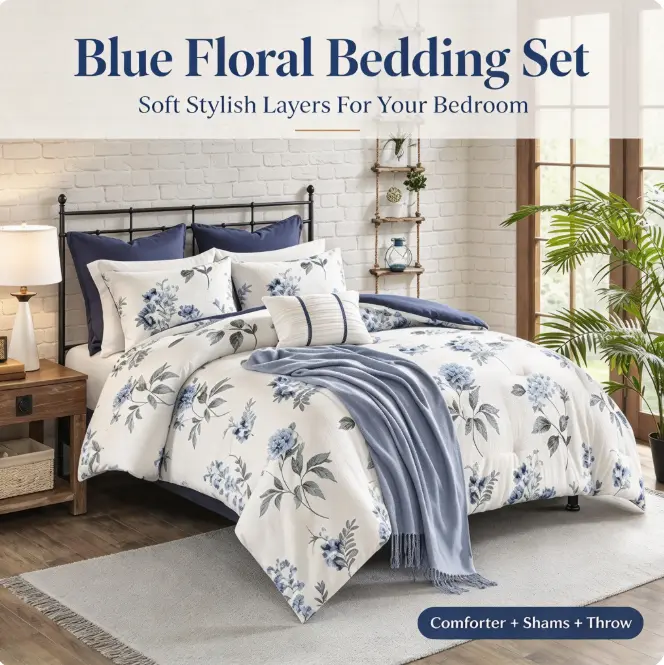 King/Cal King Blue 7-Piece Printed Seersucker Comforter Set with Throw Blanket