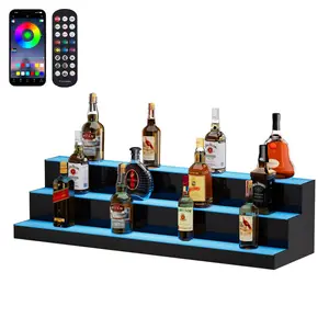 VEVOR LED Lighted Liquor Bottle Display, 3 Tiers 40 Inch Commercial Illuminated Home Bar Shelf, 3 Steps Whiskey Rack Stand, Acrylic Drink Shelves with RF Remote App Control, and Multicolor lighting