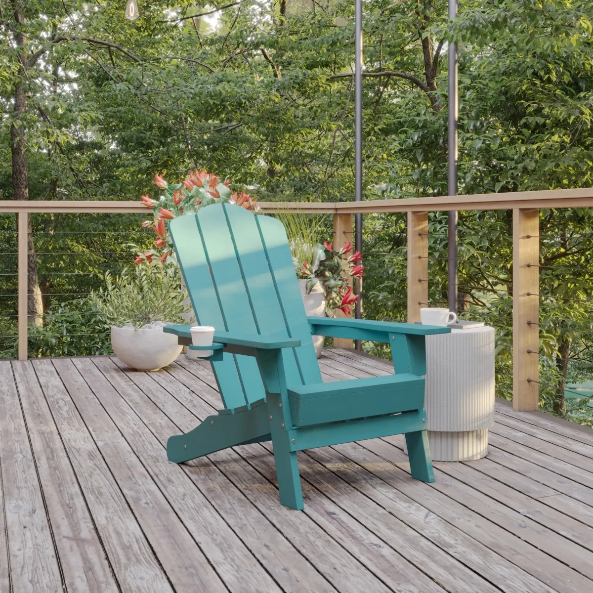 Flash Furniture LE-HMP-1044-10-BL-GG Newport Adirondack Chair with Cup Holder, Weather Resistant HDPE Adirondack Chair in Blue