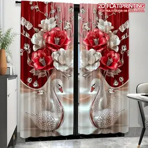 2-piece set of luxurious swan flower digital printed curtains, semi transparent polyester material, creative window decoration curtains suitable for living rooms, bedrooms, semi blackout, privacy, home decoration curtains