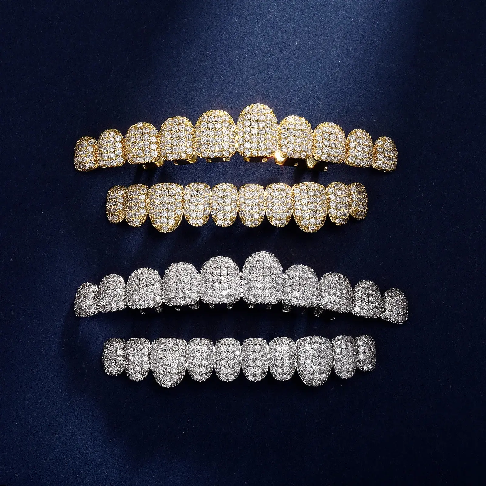 Hip Hop 10/10 Iced Out CZ Stone Teeth Grillz Punk Rapper 14K Gold Plated Zircon Tooth Caps For Women Men Jewelry Gift