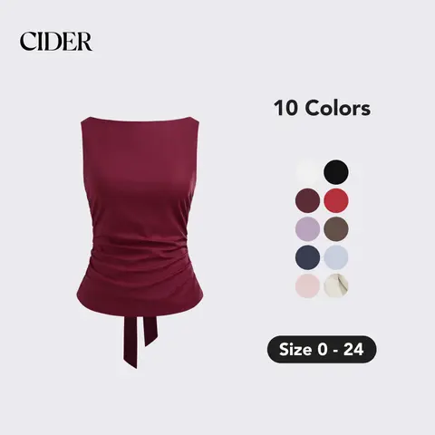 Cider Linen-blend Boat Neckline Solid Bowknot Tank Top