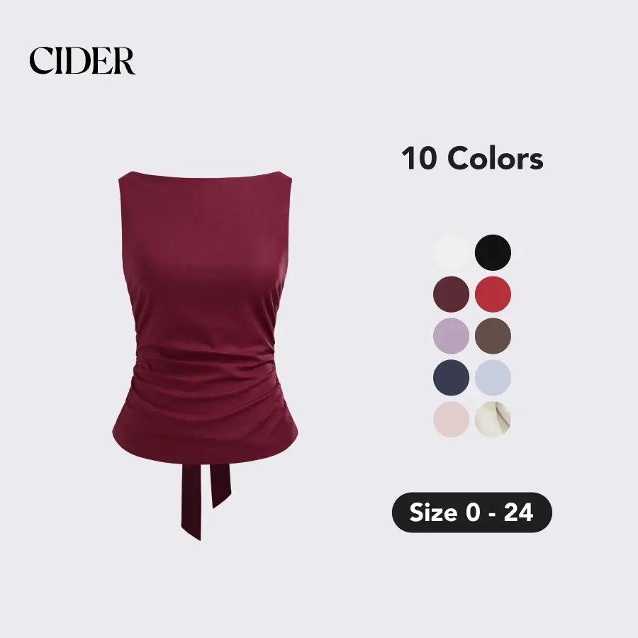 Cider Linen-blend Boat Neckline Solid Bowknot Tank Top