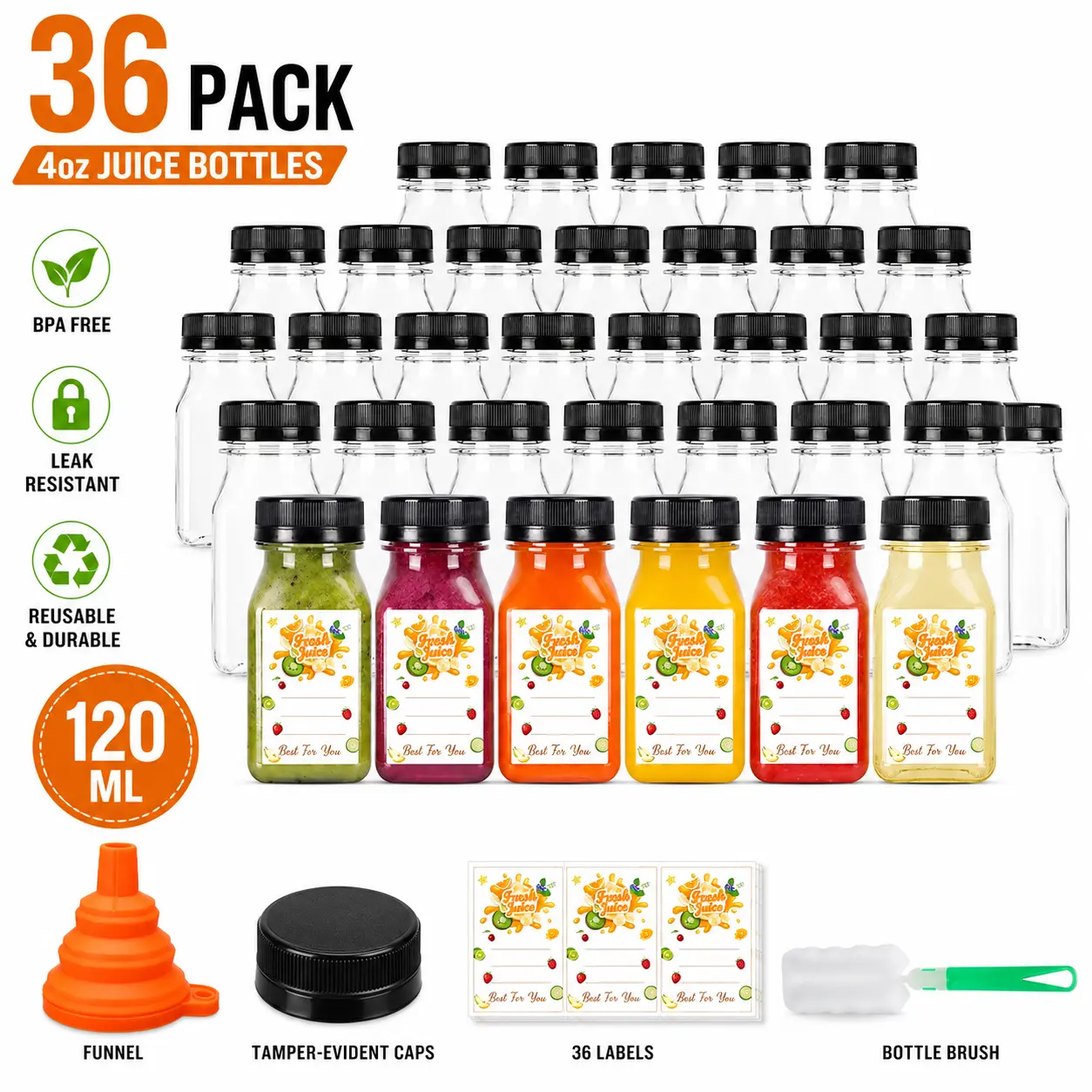 36 Pack 4oz Clear PET Juice Bottles with Tamper-Evident Caps – 120ml Reusable Leak-Resistant Bulk Beverage Containers for Ginger Shots, Juice, Milk, Smoothies (1.8×3.7", BPA Free, with Brush+Funnel+Labels)