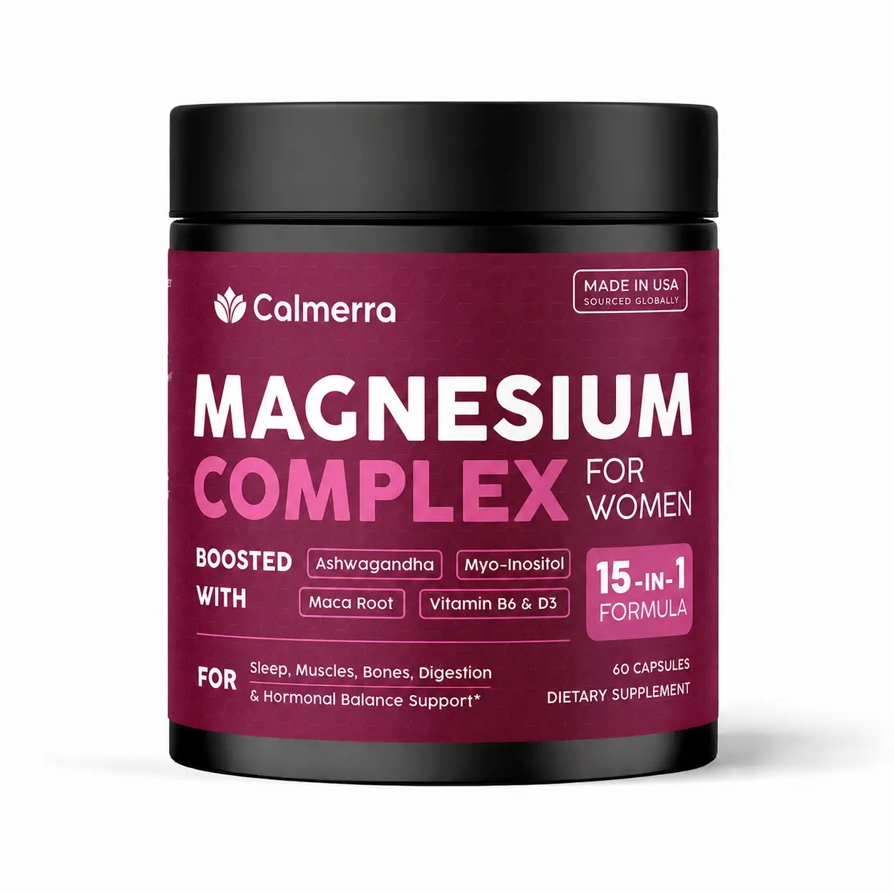 15-in-1 Magnesium Complex for Women (508mg) w/ Ashwagandha, Myo-Inositol, Maca, Vitamin D3 & B6 - Elemental Magnesium Glycinate, Citrate, Malate for Sleep, Muscle, Bones, Heart & Energy, Vegan, 60 ct