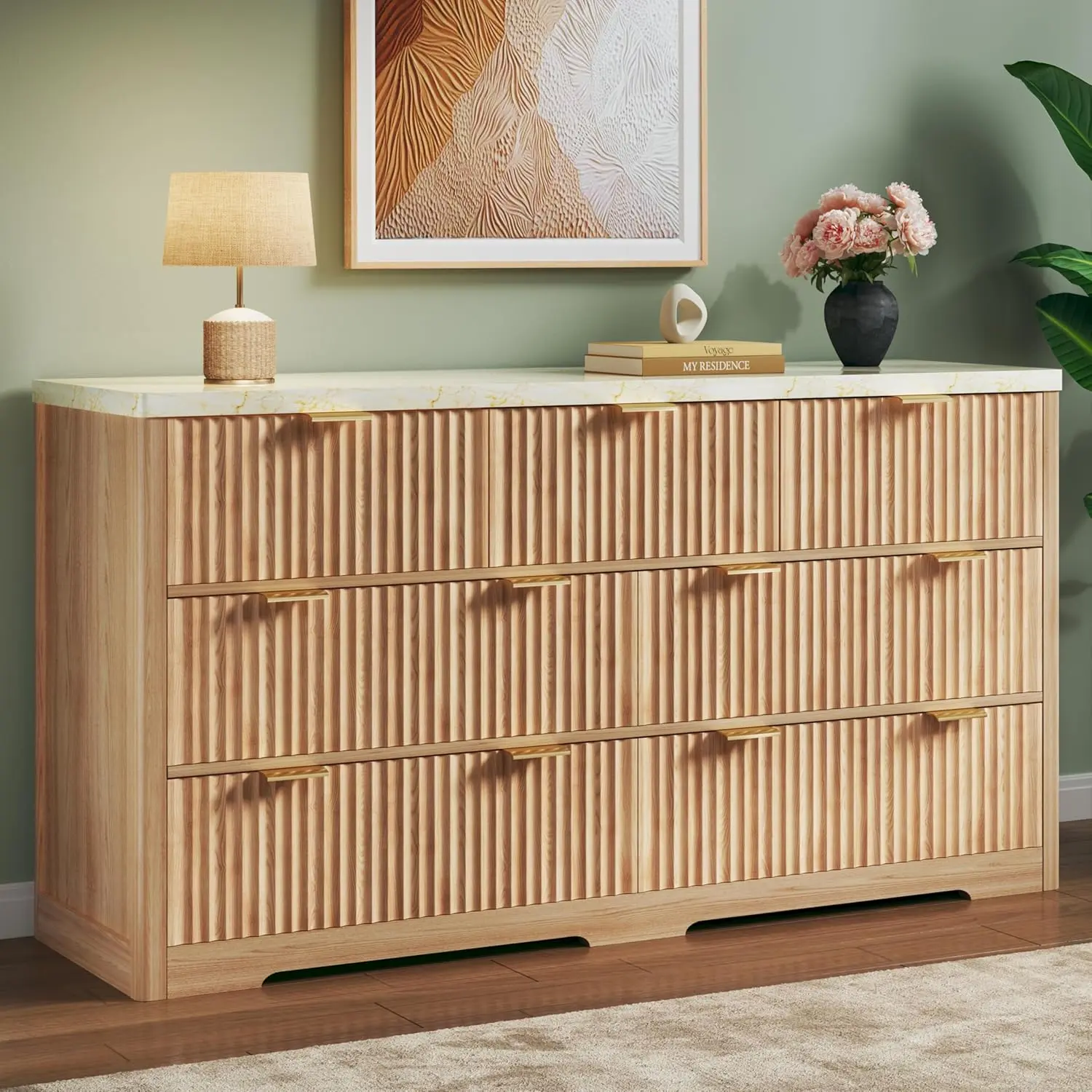 Fluted Dresser for Bedroom with 7 Drawers, 53'' Modern Dressers with Faux Marble Top, Mid Century Fluted Dresser for Bedroom with 7 Drawers, 53'' Modern Dressers with Faux Marble Top, Mid Century