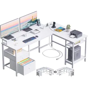 Reversible L-Shaped Office Desk with Power Outlets, 2 Monitor Stands & Fabric Drawers, Multi-Functional Computer Gaming Table with Adjustable Storage Shelves, Sturdy Steel Frame & Spacious White Tabletop, Ideal for Home Offices