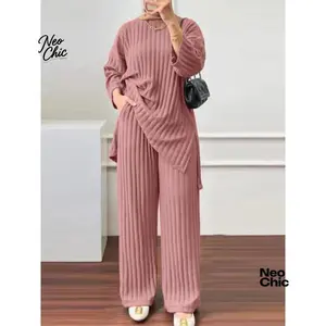 Relaxed Understated Long Sleeve Blouse Wide Leg Pants Sets Women Matching Sets Solid Islamic Clothing Muslim Tracksuit Outifits 2PCS
