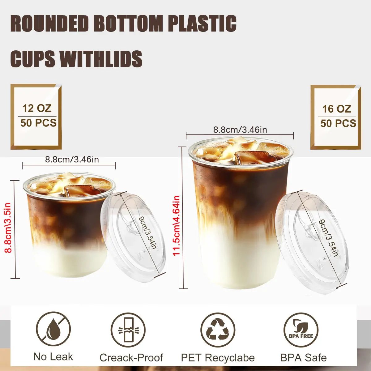 50 Pack 12oz(354.84ML)/16oz(473.12ML) 2sizes Disposable Iced Coffee Cups  with Strawless