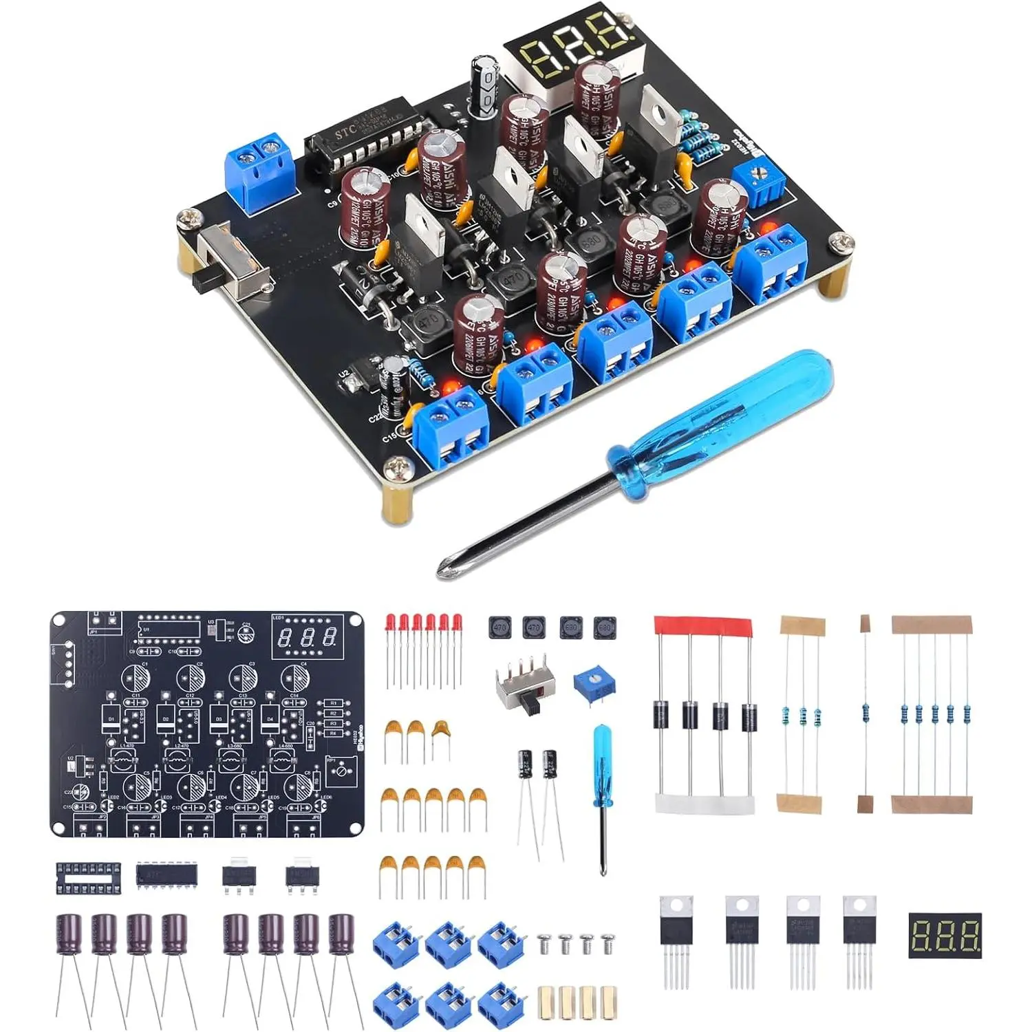 LM2596 Potentiometer Digital Display Soldering Kit, DIY Electronics Project Tool with 36W (Max) Adjustable Voltage Output, 1.5V/3.3V/5V/12V/5 Outputs Module for Lab Testing, Classroom Projects, Five Outputs