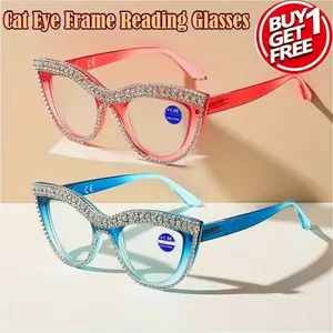 2 Pack Women's Cat Eye Reading Glasses with Blue Light Blocker and Magnification, and Blue Frames, Stylish and Elegant Readers