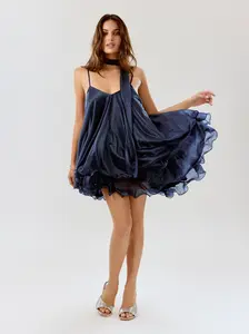Sequin V-Neck Halter Ruffled Hem Oversized Mini Dress With Scarf - CIDER