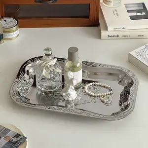 Vintage Relief Desktop Storage Plate, Perfume Cosmetics Organizer Tray, Silver Color Stainless Steel Dish, Home Decor Accessory, Makeup Organizer Box, Home Decor Organiser
