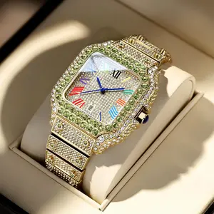 Men's 42mm Analog-Digital Alloy Watch - 30M - 50M Waterproof, Gold Ice-Out Look, Square Face, Olive Green Diamond Bezel, Colorful Roman Dial, Bustdown Design, Glam Soft Luxury Hip Hop Fashion Accessory with Clasp