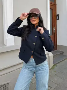 Women's Spring Summer Fashion Elegant Commuter Gold Button Slim Fit Blazer, Long Sleeve Stand Collar Asymmetric Design, Casual Retro Outerwear Jacket