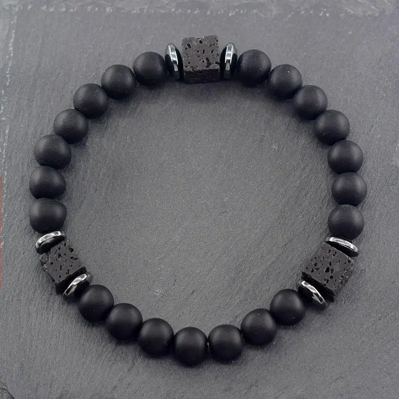Retro Black Block Volcanic Bracelets Men Women Frosted Onyx Lava Beads Handmade Jewelry Yoga Meditation Birthday Gift