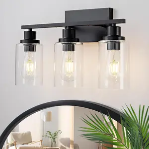 3-Light Black Bathroom Light Fixtures, Modern Farmhouse Vanity Light Over Mirror, Rustic Industrial Wall Sconce Lamp E26 Socket with Glass Shade for Bathroom Bedroom Living Room