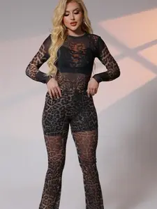 Leopard Print Fitted Sheer Mesh SEE-THROUGH Casual Sweater and Legging Set Womenswear Suits