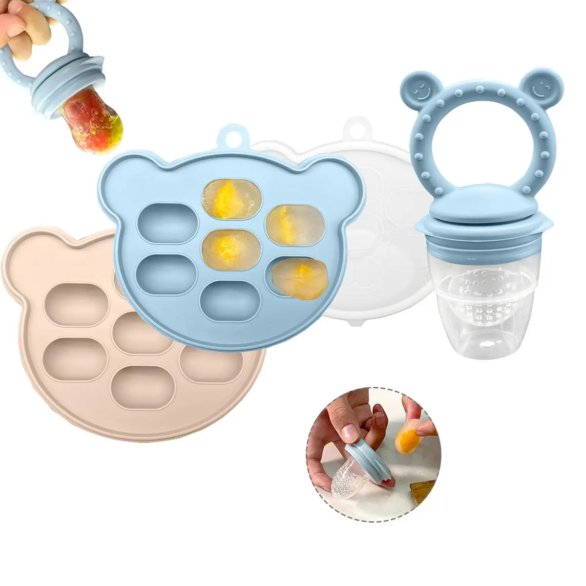 Cartoon Bear Design Pacifier Feeder & Food Freezer Tray, 1 Set Baby Feeding Essentials Feeding Accessories Fruit & Vegetable Feeder, Baby Soothing Teether, Newborn Teether, Infant Food Feeder, Babies Food Feeder, Kids Food Feeder