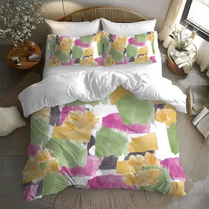 JIT 2/3-Piece Ultra-Soft Peach Skin Vibrant Pink & Green Contrast Color Ink Sleepy Painting Small Floral Print Bedding Set (1 Duvet Cover + 1/2 Pillowcases) | Christmas & Valentine's Decor & Gift