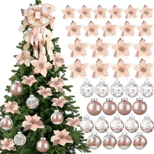 49 count Rose  Christmas Tree Decoration Set Tree Topper Bow 24 count Christmas Glitter Artificial Poinsettia  and 2.36 Inch Xmas Ball Ornaments for Xmas Party Holiday Decor