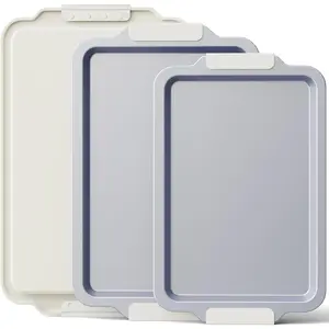 Non stick ceramic baking sheet pan set of 3 natural non toxic cookie sheets for baking pfoa ptfe free heavy duty aluminized steel oven trays for cooking with silicone handles cream