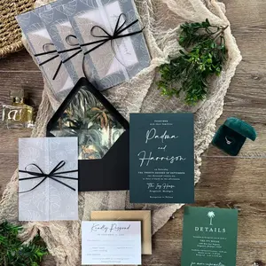 Vintage Palm Tree Wedding Invitation in Green, Gold, Black with Vellum Jacket, Envelope Liner & Ribbon Included