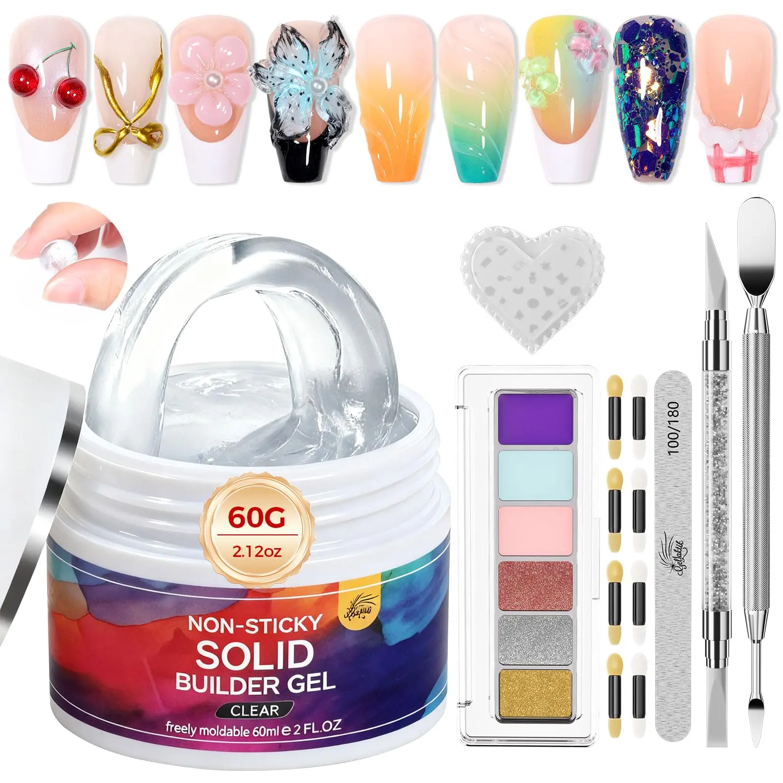 GELLAKTIK All-in-1 Solid Builder Nail Gel Kit: 60g Hard Gel, 3D Mold, 6-Color Powders, Tools (File, Cuticle Pusher, Pen), Non-Sticky UV/LED Cured Extension Kit for DIY Salon Clear Manicure Care, Nail Polish