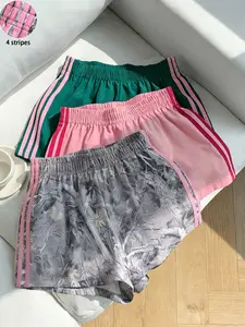 3 pieces, thin four bar quick drying breathable athletic activewear sports shorts for women's summer retro casual elastic waist wide leg shorts, Stripes Print Shorts