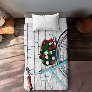360 stand Twin Size Extra Long Microfiber Duvet Cover - Bike Tulips Whimsical Print, Soft Fabric, for Twin Size Beds, Romantic Bedroom Accessories, Home Decor, Adults Bedroom Accessories