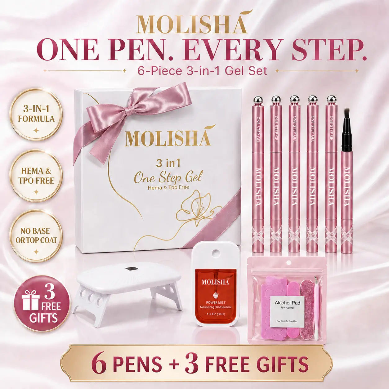 MOLISHA 1-Step Portable Leak-Proof Gel Nail Polish Pen Kit | 6 Vibrant Colors Cat Eye Effect | Complete One Step DIY Manicure Set with UV Light & Sanitizer Spray