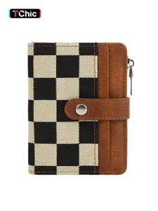 Women PU Leather Plaid Pattern Wallet Small Bifold Zipper Pocket Wallet Card Case Purse with ID Window, Casual Style All Seasons Bag Fabric