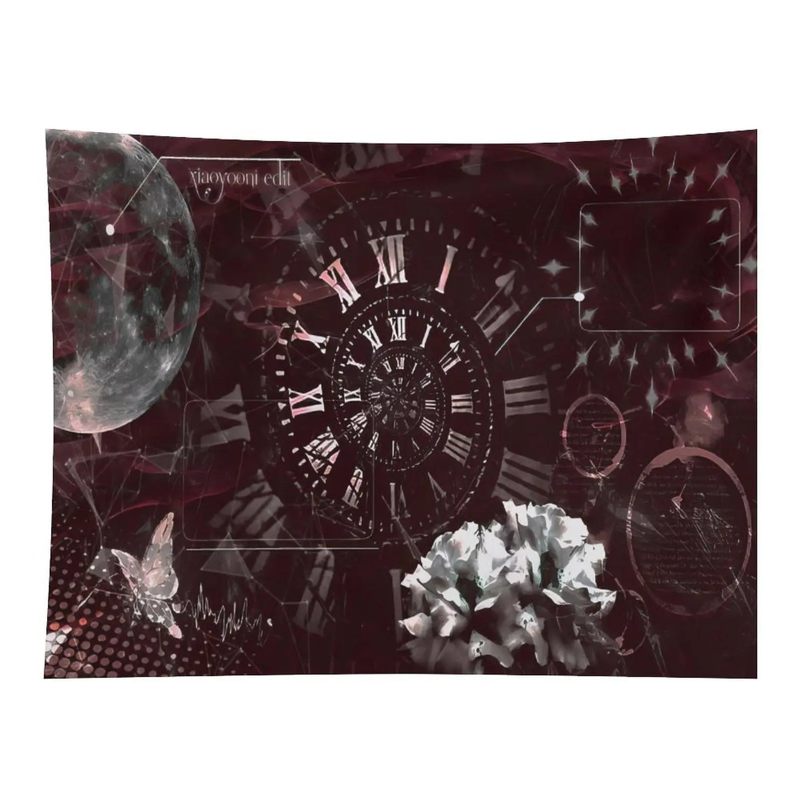 Dark Gothic Vintage Roman Clock Moon Peony Butterfly Collage Art Wall Tapestry Mysterious Aesthetic Room Backdrop Decor
