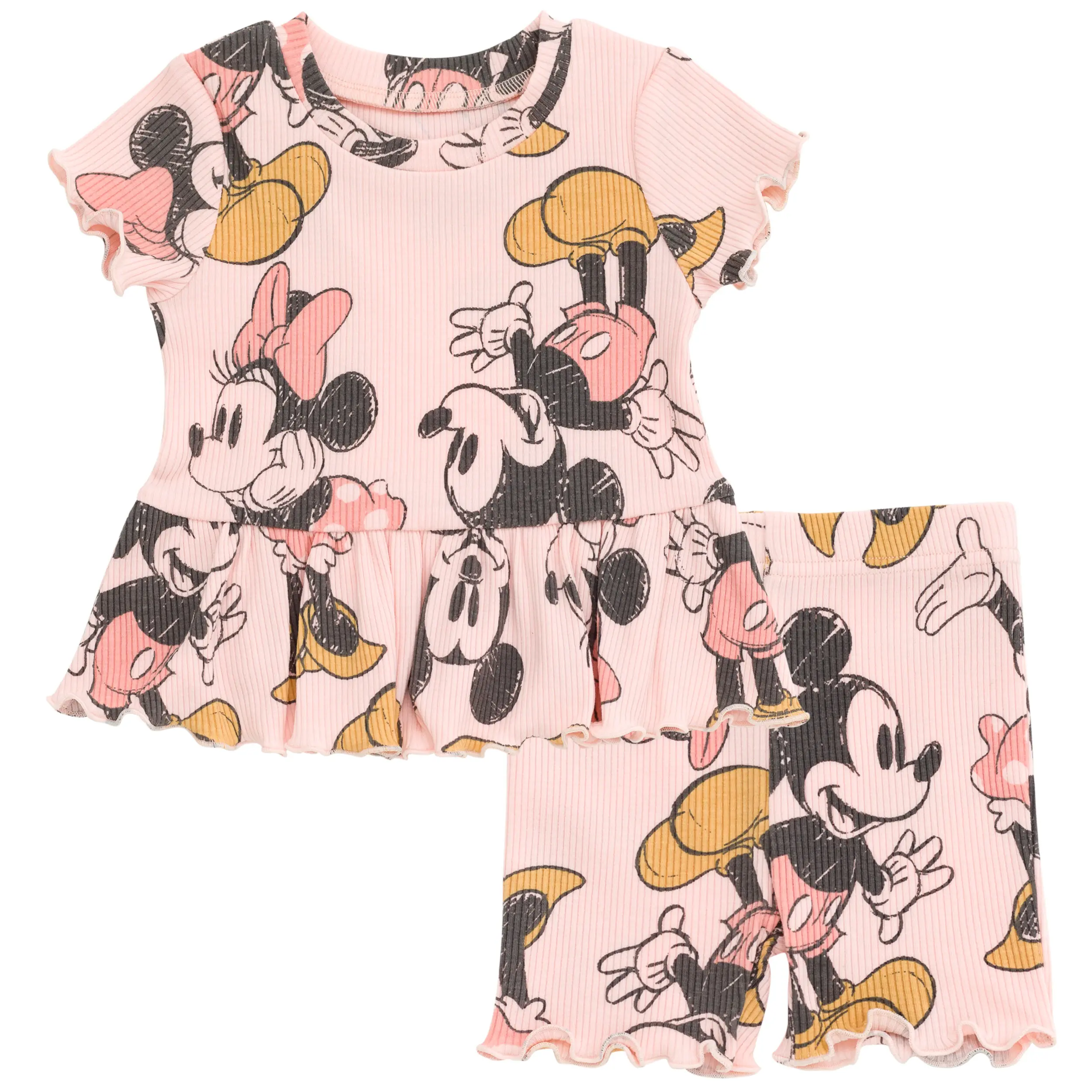 Disney Toddler Girls' Ribbed Knit Mickey & Minnie Characters Outfit Set, 2-Piece Ruffle Peplum Tee and Shorts, Sizes 2T-5T, Yes, 3 - 4 Years, 3T, Short Sleeve Tops, Spandex Blend