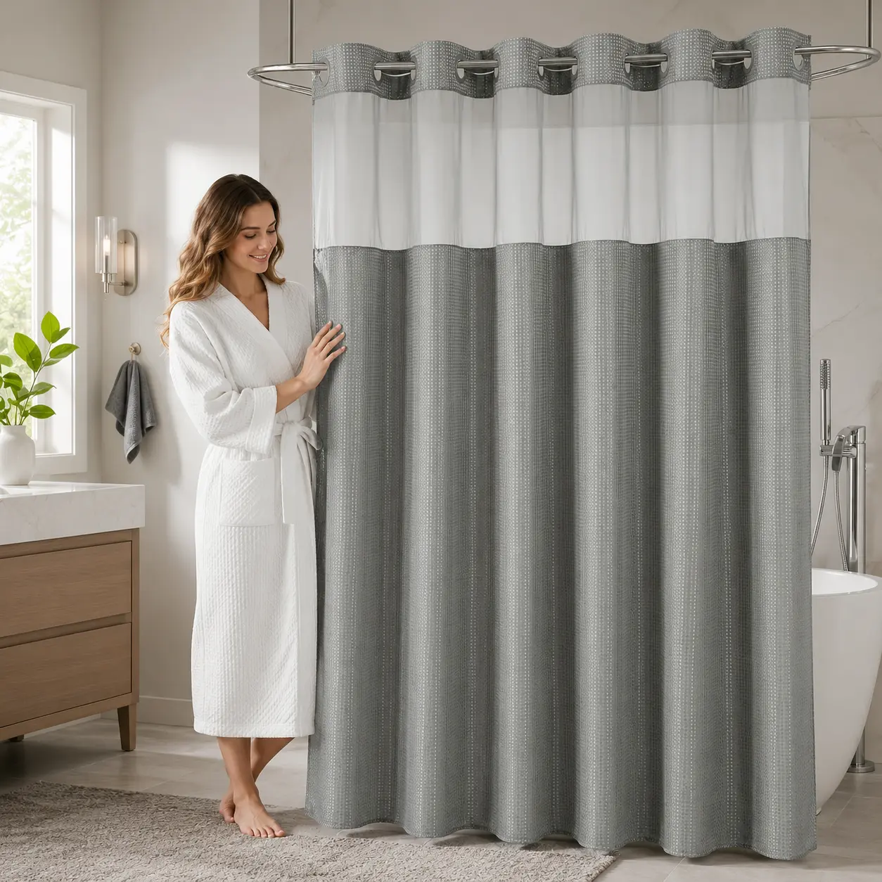 Waffle-weave shower curtain without hooks, with a washable white fabric liner featuring snap closures and a mesh top design; modern bathroom accessory, hotel-style waterproof shower curtain set suitable for home/salon/dormitory and home decor, 72x75 in