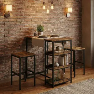 3-Piece Kitchen Table Set with Storage Shelves, Space-Saving Dining Table and 2 Bar Stools, Compact Table Set for Small Spaces, Apartments, Breakfast Nook, Black Iron and Wood.