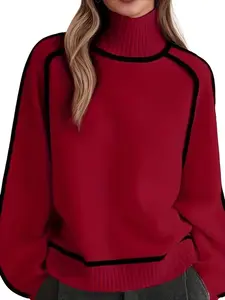 Women's Fall Winter Half High Neck Sweater, Simple Line Design, Slim Fit Casual Loose Knit Top, Perfect for Daily Wear and Layering