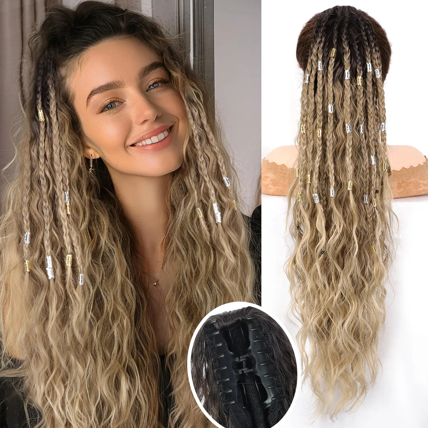 Women's 30-Inch Braided Ponytail Extension, Synthetic Curly Wavy Claw Clip-In Hairpiece, Blonde Ombre Natural Look, Synthetic Extensions & Pieces for Ponytail Hairstyles with Claw Clips