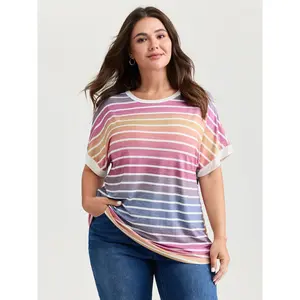 BLOOMCHIC Women's Plus-Size Casual Streetwear Short-Sleeve Round Neck T-Shirt - Spandex Fabric Multicolor Gradient Stripe Design Flattering Fit Top Womenswear 2026 Summer Vibes Swimweek