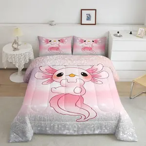 Cute Axolotl Comforter Set,Cartoon Salamander Bedding Set,Pink Ocean Sealife Comforter,Kawai Inner Fill Duvet Set