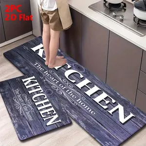 2/3pcs Flannel Kitchen Mat Set, Deep Blue Vintage Wood Grain, Non-Slip, Absorbent, Ideal for Bathroom, Laundry Room, Hallway, Kitchen Floor Mat