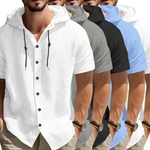 Men's Casual Hooded Long-Sleeved Shirt - Menswear Tops, Regular Fit, Adjustable Drawstring Brim, Button Detail, Non-Elastic Fabric, Suitable for Daily Wear, Spring & Autumn Outdoor Hiking