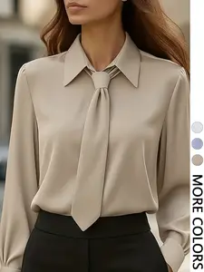 Women's Commuter Office Casual Elegant Aesthetic Tie Fitted Long Sleeve Shirt Blouse, Perfect for Spring and Fall, Stylish Workwear for Ladies