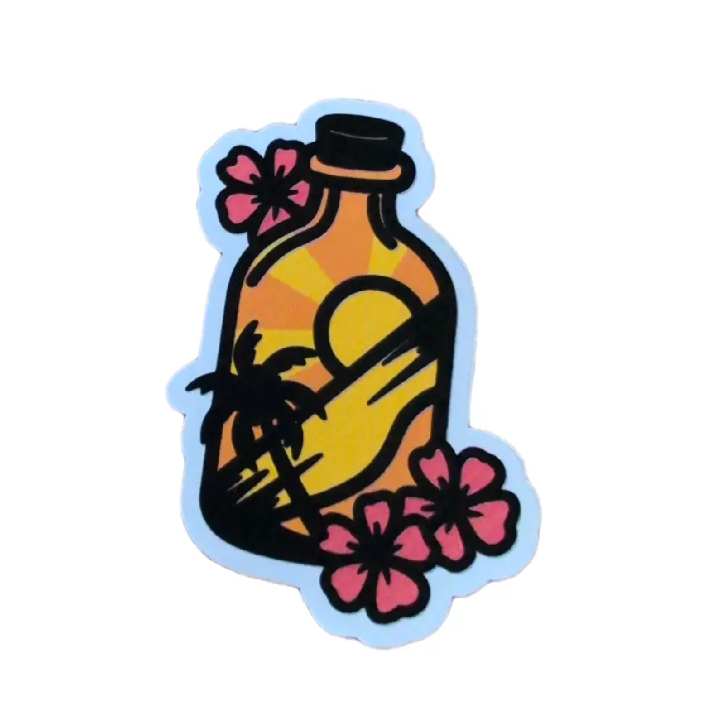 Hawaiian Floral Scene Sticker - Pink Flowers, Palm Trees, Serene Hawaiian Sunset - DIY Scrapbooking Accessory for Decorating Laptops, Enhancing Workspace with Vibrant Charm, Hawaiian Scene
