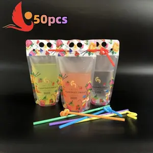 Portable Matte Drink Sealed Bag, Thick Material Handheld Design Easy Carry, Leak-Proof Seal Freshness Durable, Wide Bottom Standalone Suitable for Milk Tea Juice Ice Smoothie Drinks Outdoor Picnic Party, Matte Fruit Pattern Style