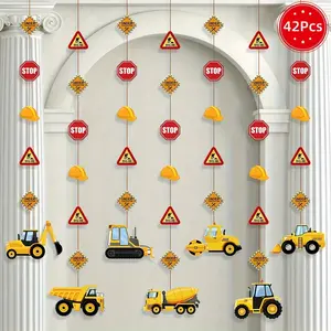 Construction Party Banner Decorations, 7 Packs Traffic Zone Paper Garland, Boys' Birthday Party Supplies, Dump Truck Theme Hangings