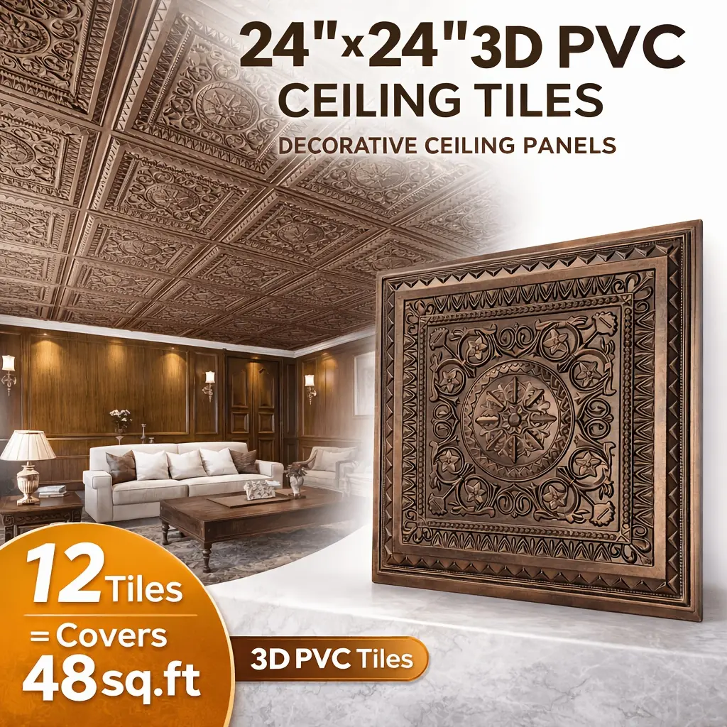 3D Ceiling Tiles 2x2, 12-Pack PVC Panels, Waterproof & Easy Install, Modern Decorative Drop Ceiling, Covers 48 Sq.ft, Antique Copper