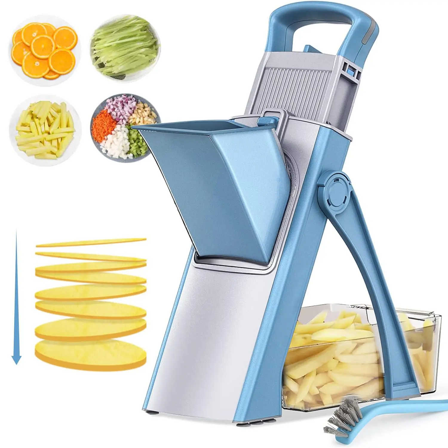 Safe multifunctional fruit vegetable slicer for the kitchen, larger vegetable food potato cutter, adjustable thickness, shred and dice salad making cutting tool (blue) cutter