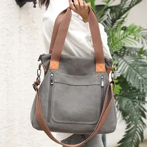 Women Large Canvas Tote Bag, All-match Portable Large-capacity Female Canvas Bag, Canvas Tote Bag with Zipper for Outdoors Travel Business Commute
